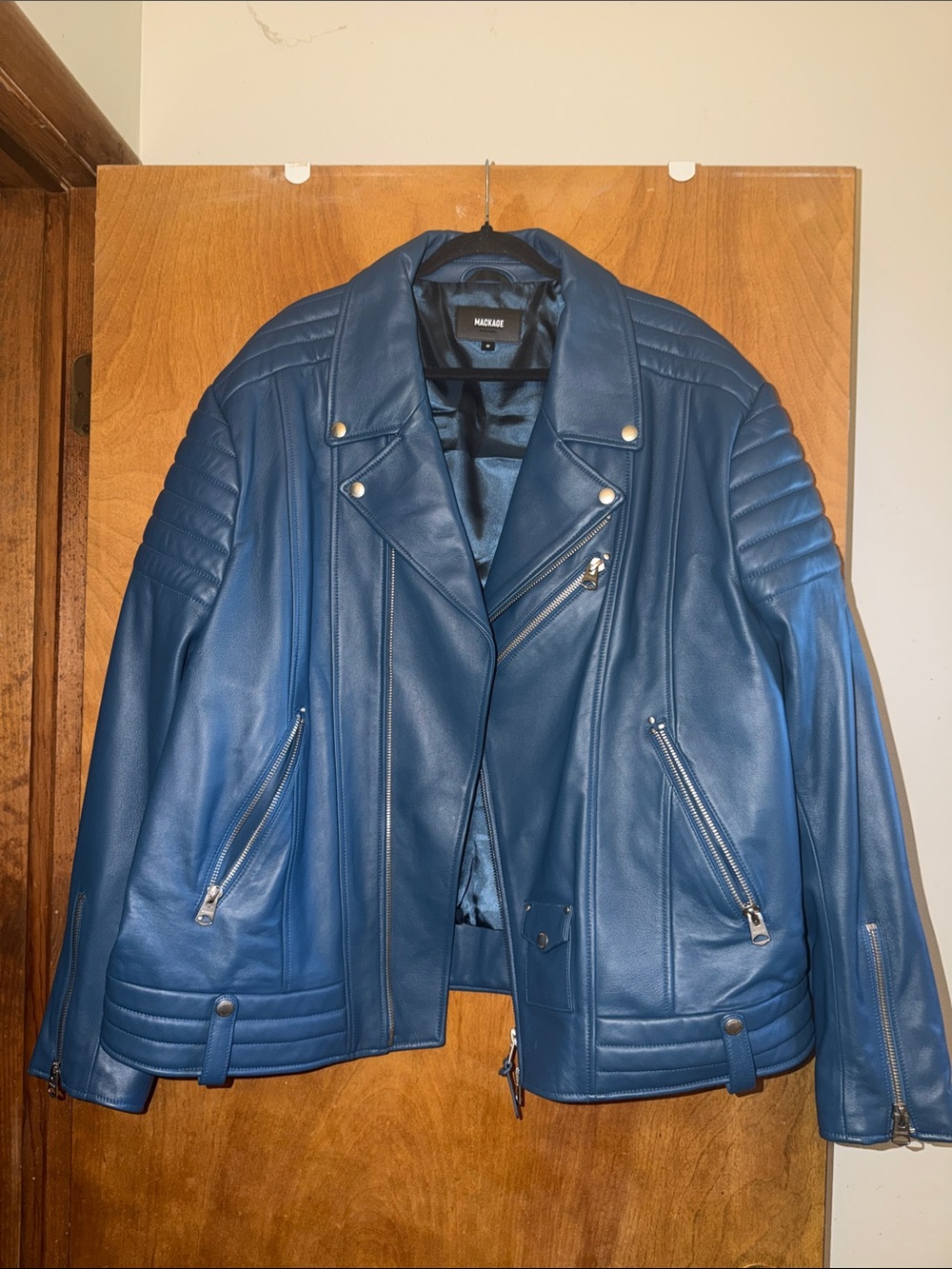 Mackage Blue Quilted Leather Biker Jacket